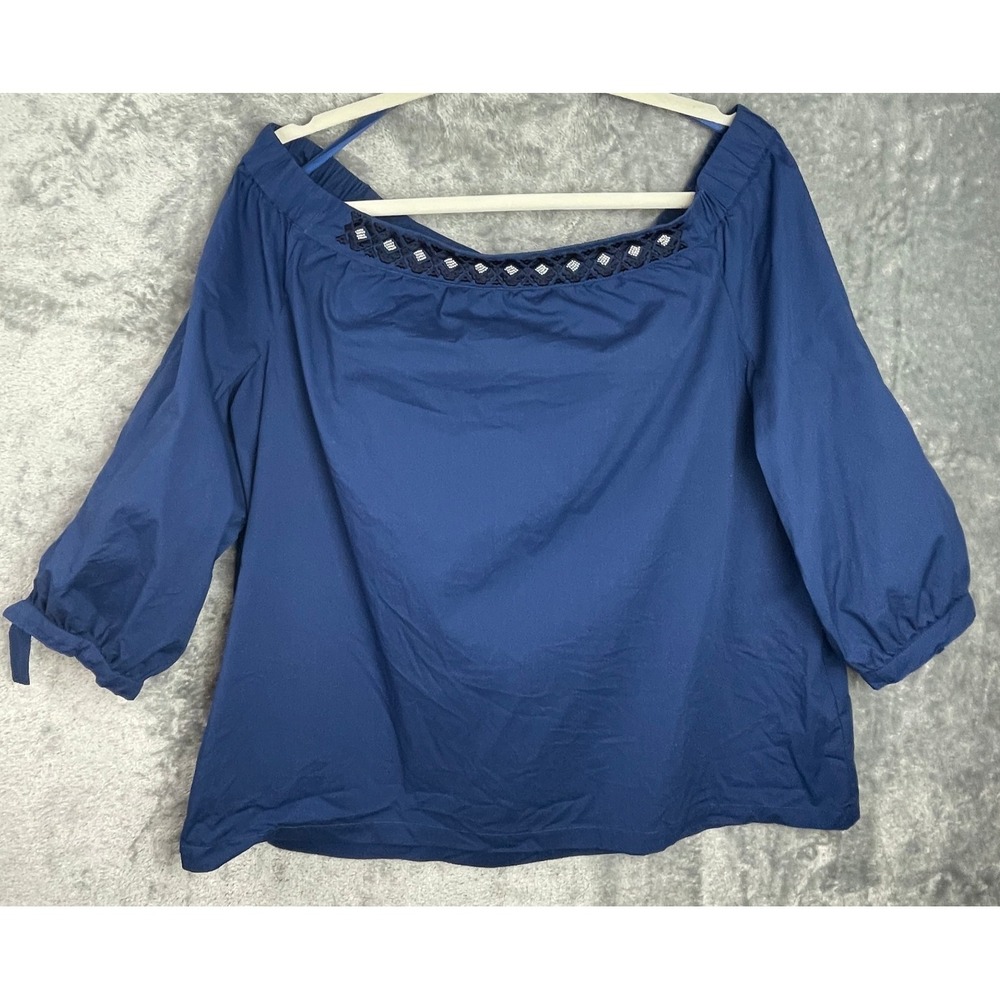 Sigrid Olsen Top Womens XL Blue‎ Off Shoulder Embroidered Neckline Puff Sleeve